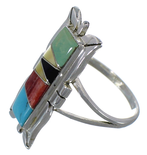 Genuine Sterling Silver Multicolor Inlay Ring Size 7-1/4 EX44316